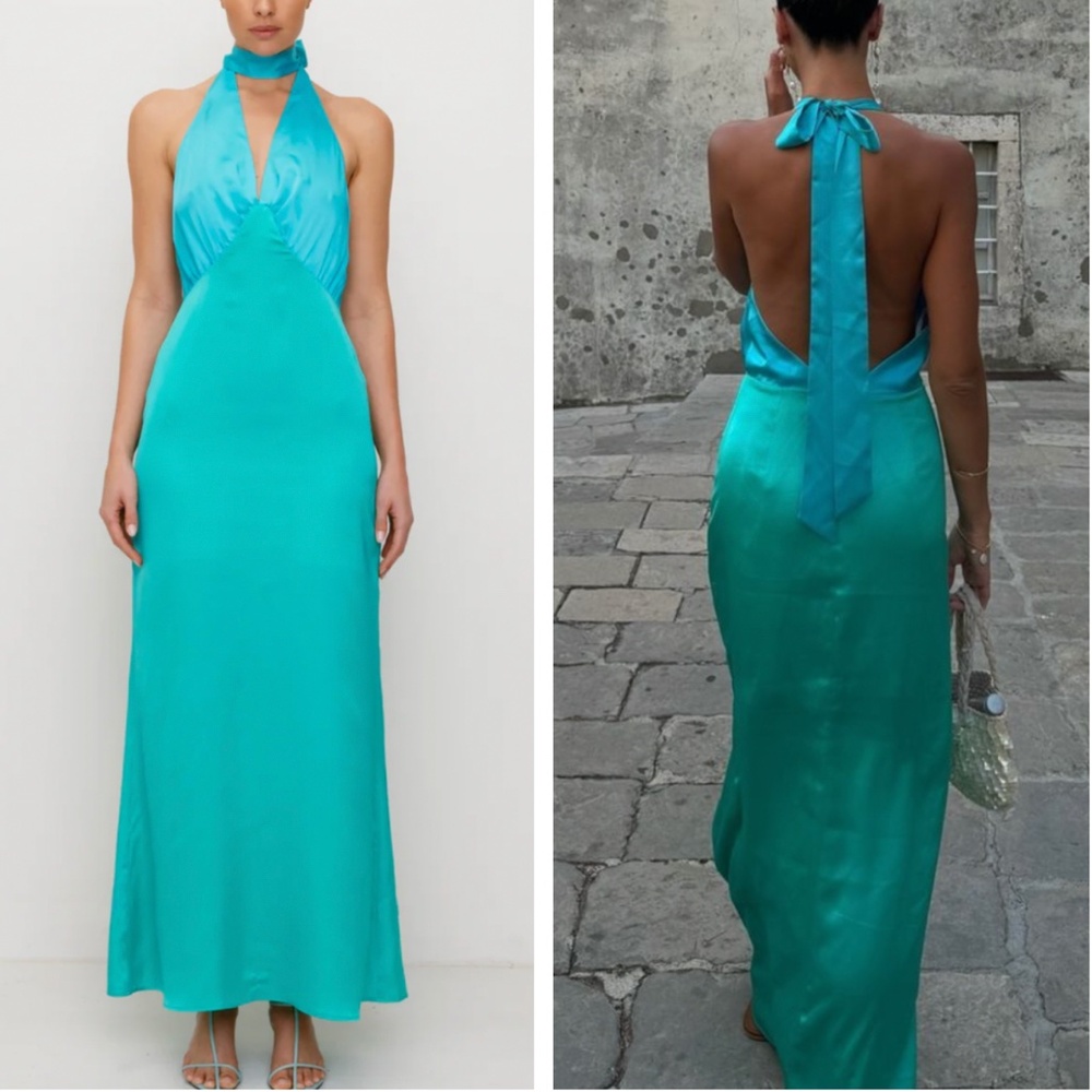 EUC BEST The Wolf Gang Oahu Slip Maxi Halter Dress - Aquamarine Blue Green Satin